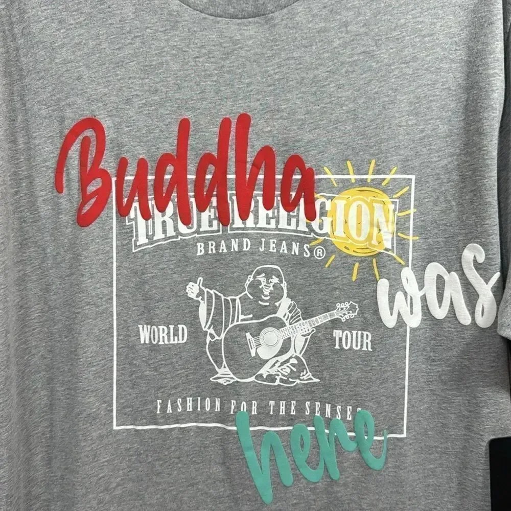 True Religion Buddha Was Here Graphic Tee Heather Gray Streetwear Skater XXL